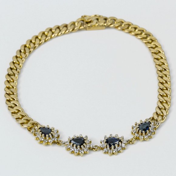 Vintage 10k Gold Pear Sapphire & Diamond Cuban Link Anniversary Bracelet - Picture 5 of 5
